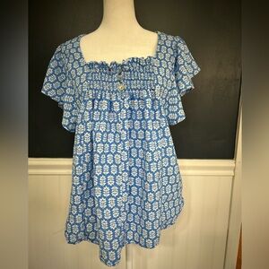 Draper James Blue and White Floral Smocked Square-Neck Tunic